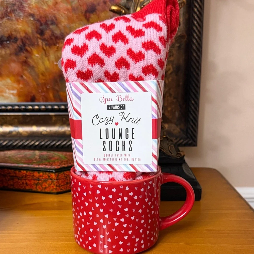 Red Heart Cozy Knit Lounge Socks and Heart Mug Gift Set